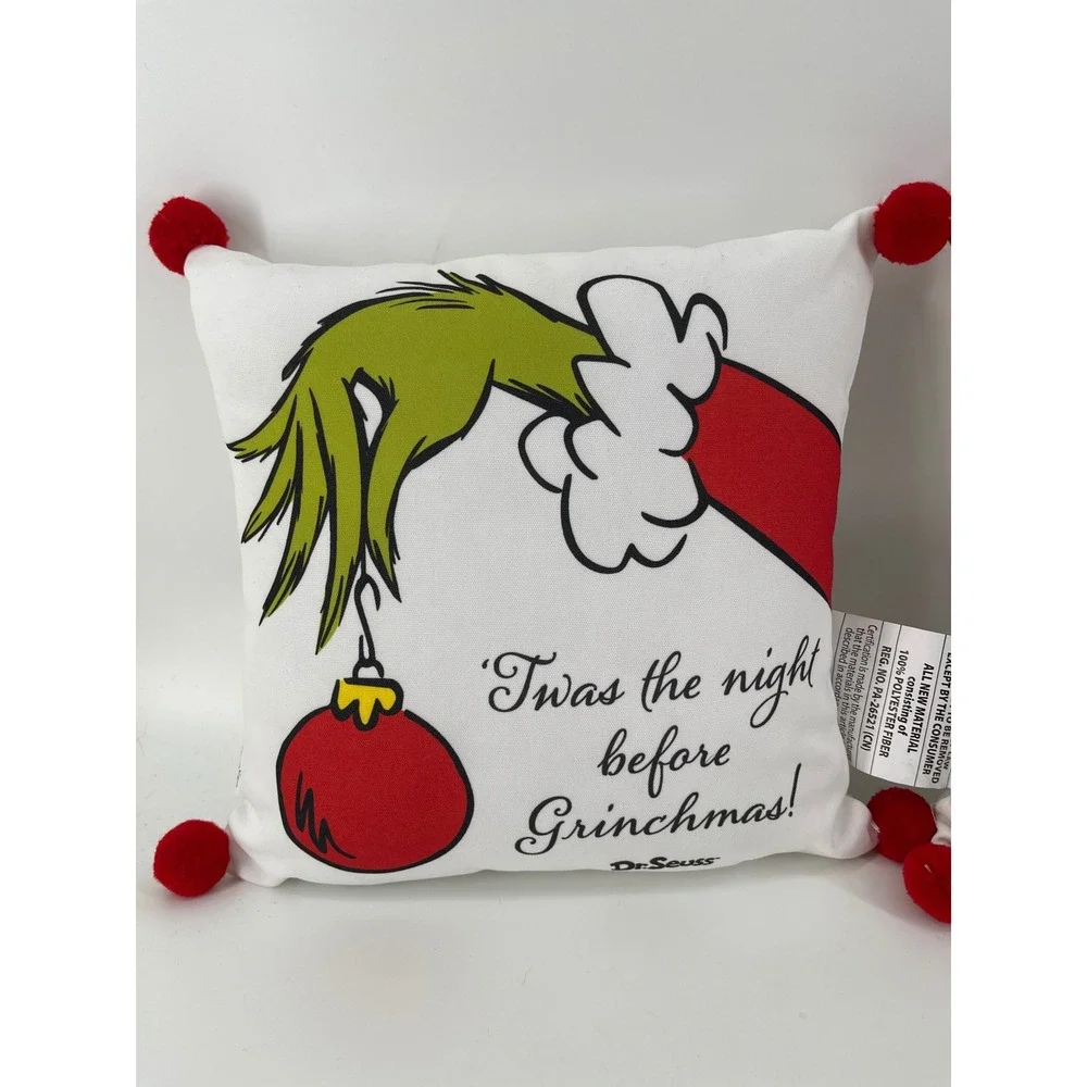 Dr. Seuss The Grinch Throw Pillow Set 2pc 12x12 White Red New Grinchmas Couch
